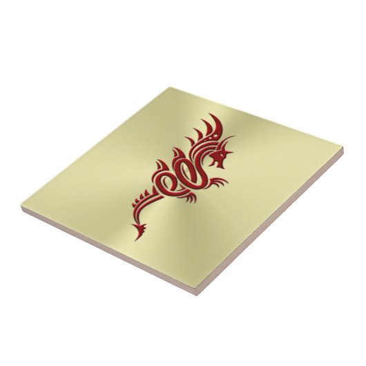 Eastern Crimson Dragon, ingegraveerd op goud Tegeltje (Zijkant)