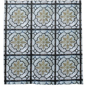 Eastern Floral Marble Pattern Grayish Blue & Gold Douchegordijn