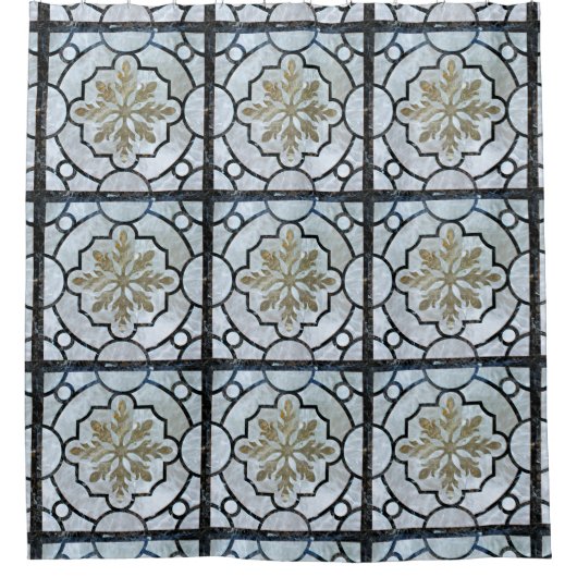 Eastern Floral Marble Pattern Grayish Blue & Gold Douchegordijn (Voorkant)