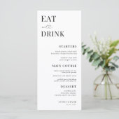 Eat and Drink Heart Script Minimal White Wedding Menu (Staand voorkant)