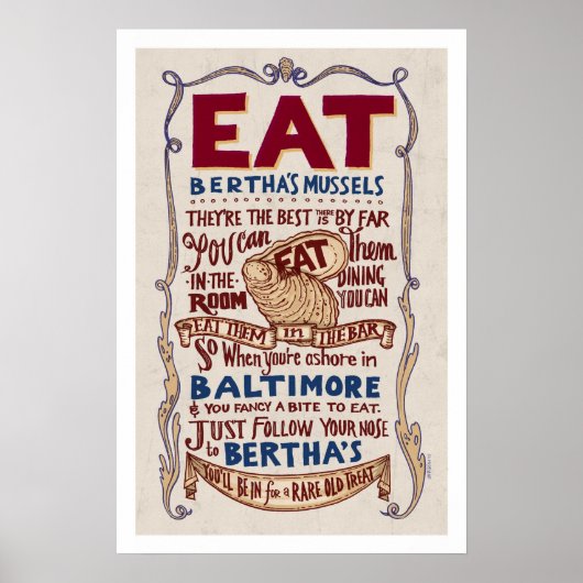 Eat Bertha's Mussels Broadside Poster (Voorkant)