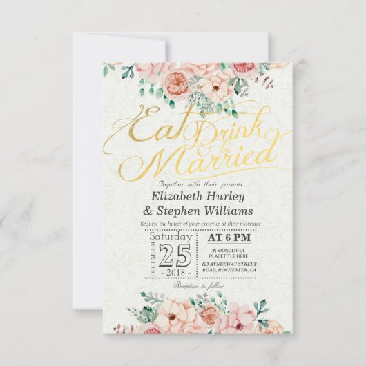 EAT Boire et être marié Floral Faire-part de maria (Devant)