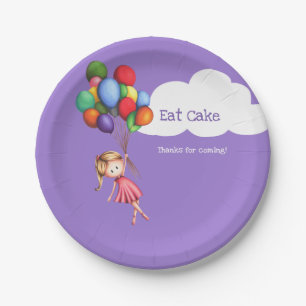 Eat Cake Girl Floating with Balloons Paarse Party Papieren Bordje