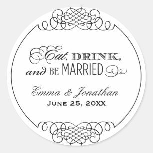 Eat Drink and be Married Black WeduwMonogram Ronde Sticker