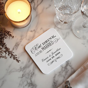 Eat Drink and be Married Black WeduwMonogram Vierkante Kartonnen Onderzetter