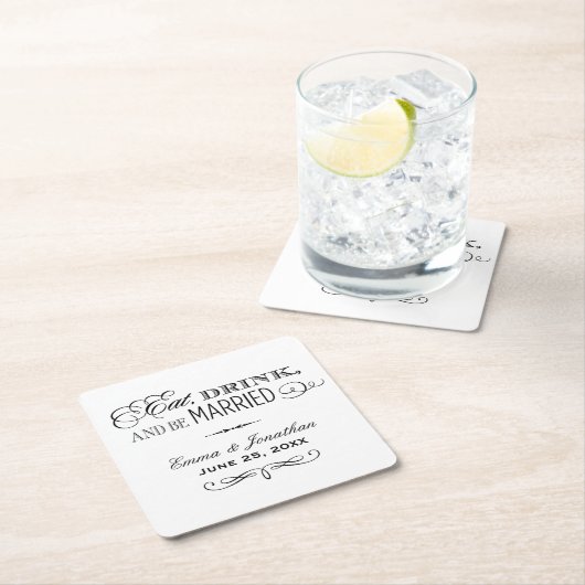 Eat Drink and be Married Black WeduwMonogram Vierkante Kartonnen Onderzetter (Insitu)