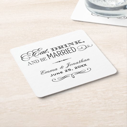 Eat Drink and be Married Black WeduwMonogram Vierkante Kartonnen Onderzetter (Schuin)