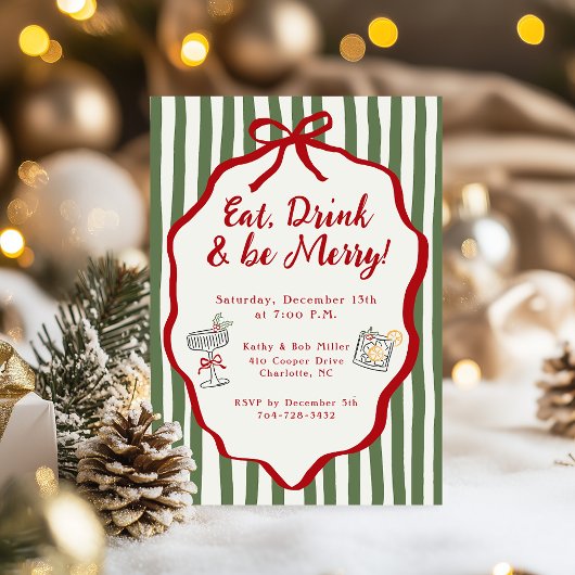 Eat Drink & Be Merry Christmas Party Bow Kaart