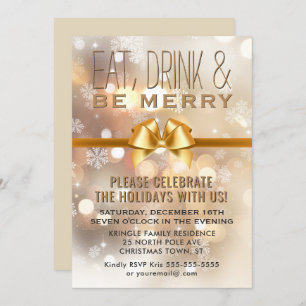 Eat Drink Be Merry Gold Holiday Party Invitation Kaart