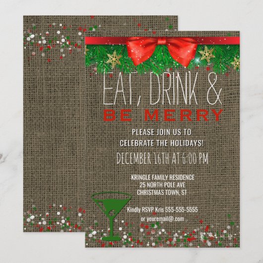 Eat Drink Be Merry Rustic Holiday Cocktail Party Kaart (Voorkant / Achterkant)