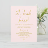 Eat, Drink, Dance, Elegant Gold Blush Elopement Kaart (Staand voorkant)