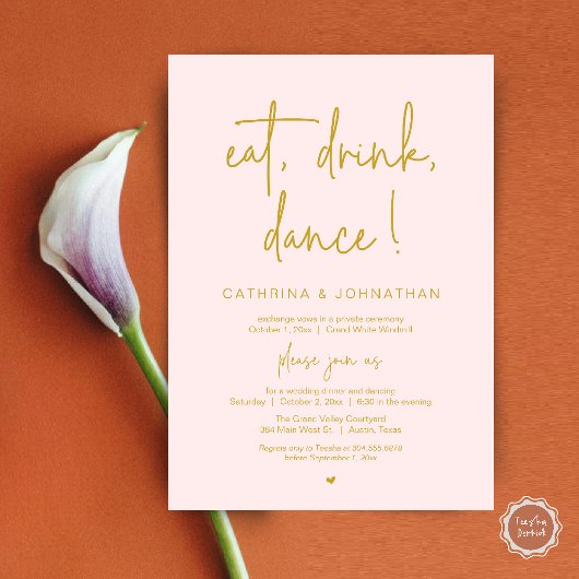 Eat, Drink, Dance, Elegant Gold Blush Elopement Kaart