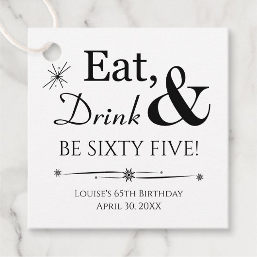 Eat Drink en 65 Retro 65th Birthday Bedankjes Labels (Voorkant)