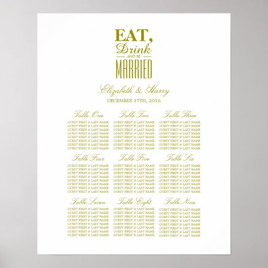 Eat, Drink en gehuwde Gold Seating Chart Poster (Voorkant)