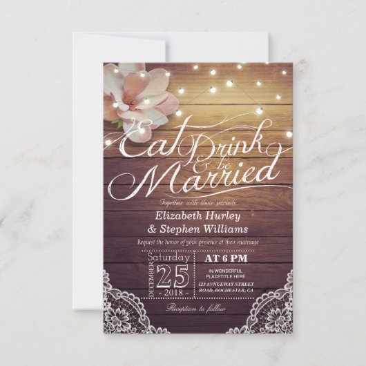 EAT-Drink en huwelijk met Floral Rustisch hout Kaart (Voorkant)
