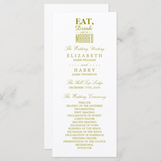 Eat, Drink en huwelijksgoudweddenschap Programma (Voorkant / Achterkant)