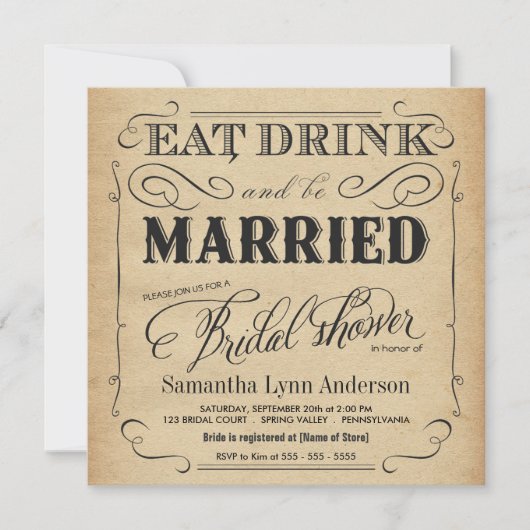 Eat Drink: gehuwde Bridal Shower-uitnodigingen Kaart (Voorkant)