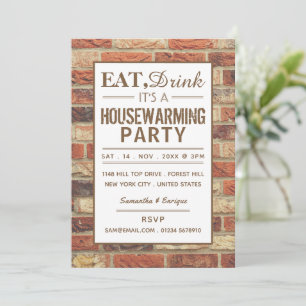 Eat, Drink Housewarming Party Rustic Brick Invite Kaart