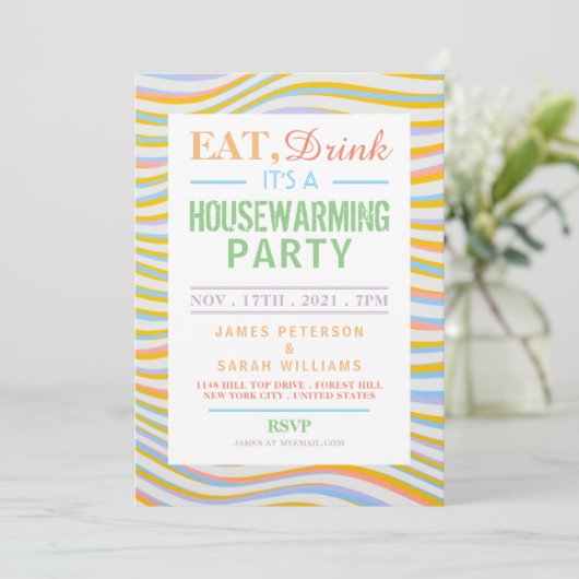 Eat, Drink Housewarming Party Wavy Lines Invite Aankondiging (Staand voorkant)