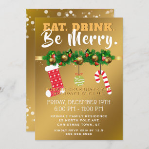 Eat Drink is Merry Festive Gold Holiday Party Kaart