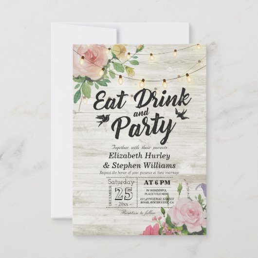 EAT Drink Party Rustic Floral String Light Wedding Kaart (Voorkant)