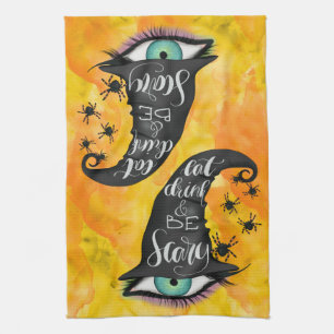 Eat Drink Scary Witches Pet Waterverf Oranje gerec Theedoek
