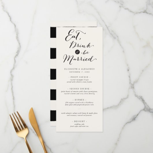Eat Drink & wees getrouwd Trendy Script Weddenscha Menu (Voorkant / Achterkant in situ)