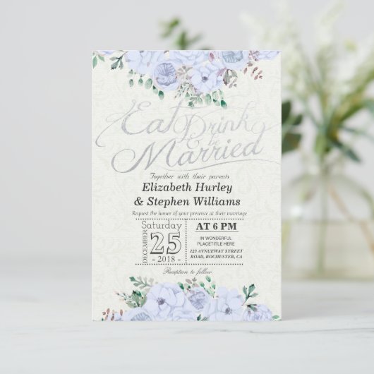 EAT Drink worden getrouwd bruiloft bloemenzilver s Kaart (Staand voorkant)