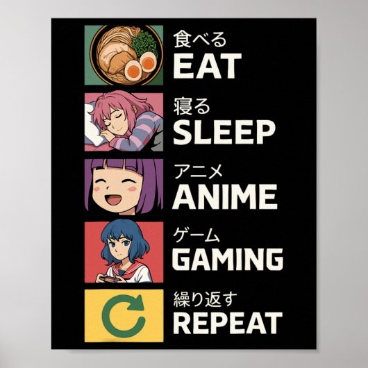 Eat Sleep Anime Gaming Herhalen Poster (Voorkant)