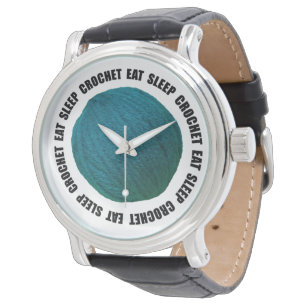 Eat Sleep Crochet Yarn Ball Blauwgroen Bold Text Horloge