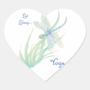 Eat Sleep Yoga, Fun Gezegde Waterverf Dragonfly Hart Sticker