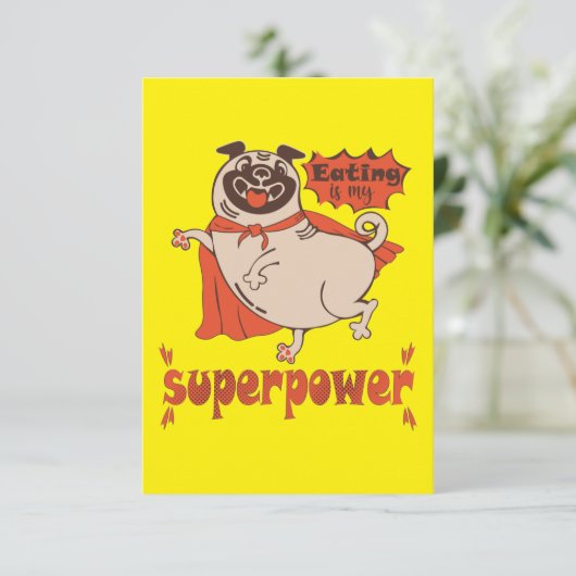 Eating is my superpower red cloak pug comic style bedankkaart (Staand voorkant)