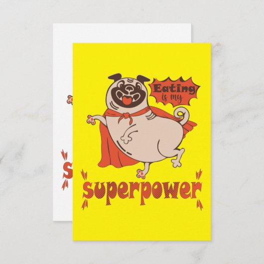 Eating is my superpower red cloak pug comic style bedankkaart (Voorkant / Achterkant)