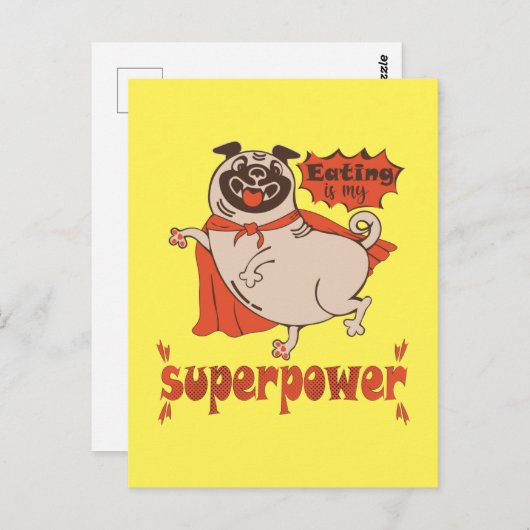 Eating is my superpower red cloak pug comic style briefkaart (Voorkant / Achterkant)