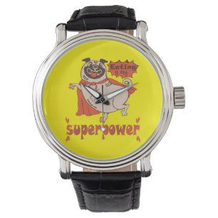 Eating is my superpower red cloak pug comic style horloge