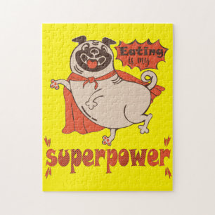 Eating is my superpower red cloak pug comic style legpuzzel