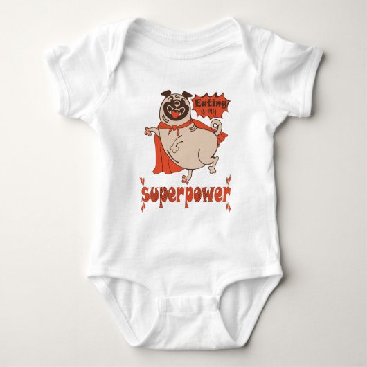 Eating is my superpower red cloak pug comic style romper (Voorkant)