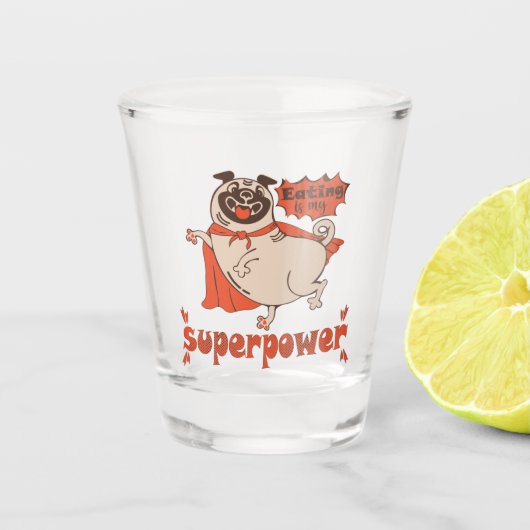 Eating is my superpower red cloak pug comic style  shot glas (Voorkant)