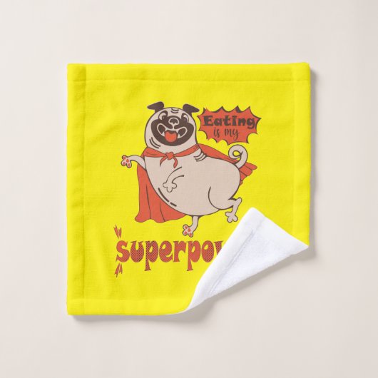 Eating is my superpower red cloak pug comic style washandje (Wasdoekje)
