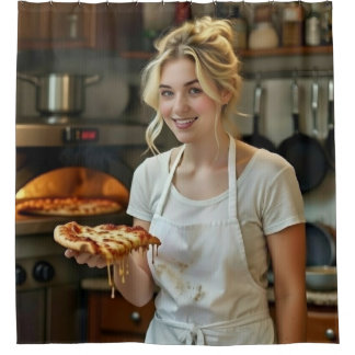 Eating Pizza Photo Personalize Customize Douchegordijn