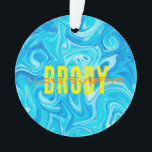 Eau Bleue J'AIME SURF NOM Ocean Beach Fun Orn<br><div class="desc">Peinture Swirl Design en Blues avec nom personnalisé en jaune, personnalisé I LOVE SURFING en orange. Sur le dos personnalisée FAVORITE BEACH NAME en orange. Facile à personnaliser le texte, les couleurs de texte, les polices. Grand souvenir pour tous les amateurs de surf à tout âge ! Moderne, Coloré, Amusant....</div>