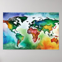 Eau Couleur Mur Art Monde Carte Poster