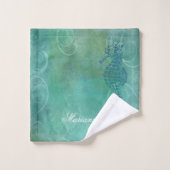 Eaux bleues, Cheval de mer et floraison (Gant de toilette)