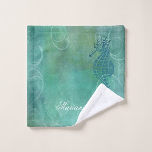 Eaux bleues, Cheval de mer et floraison (Gant de toilette)