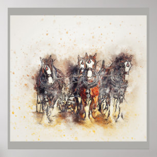 Ébauche de chevaux, Clydesdales Poster photo