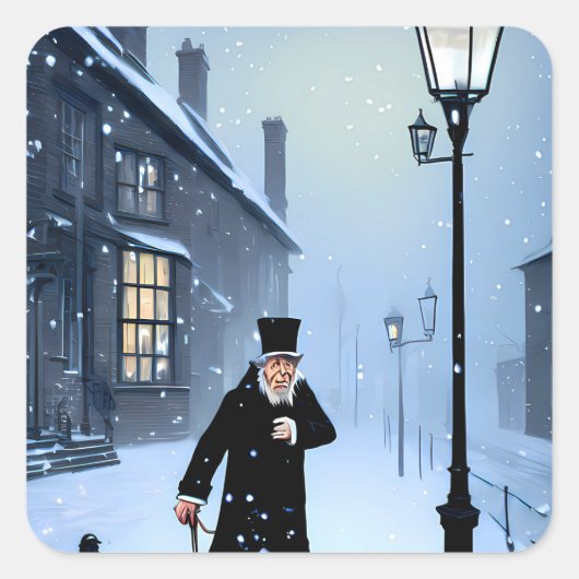 Ebenezer Scrooge Snowy Victoriaans Street Vierkante Sticker (Voorkant)