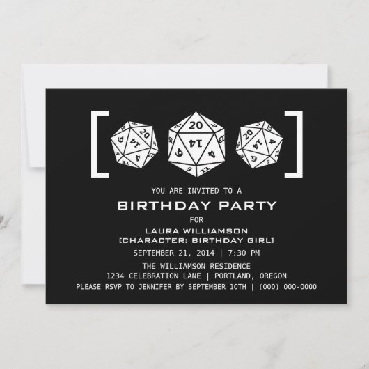 Ebony D20 Dice Gamer Invitation de fête d'annivers (Devant)