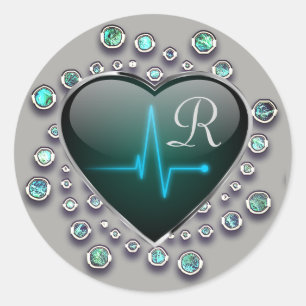 ECG hart juweel look grijs zwart blauw medisch Ronde Sticker