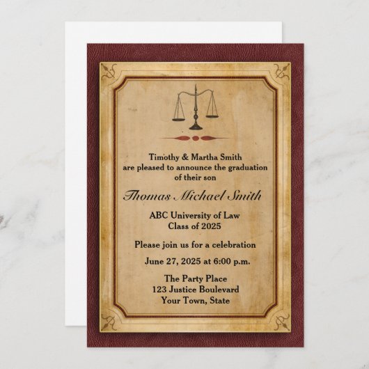 Échelles de justice, parchemin, faire-part de (Devant / Derrière)