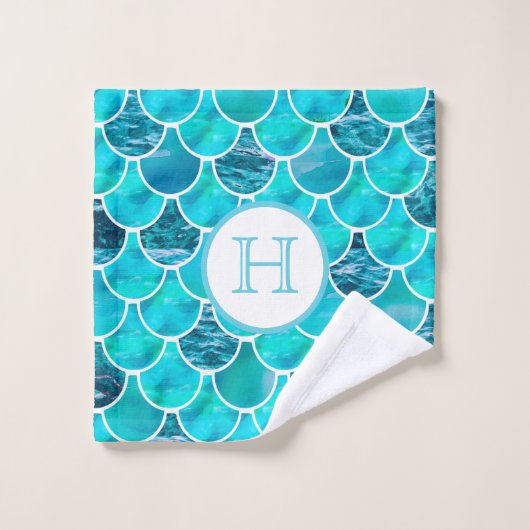 Échelles de sirène vert menthe turquoise monogramm (Gant de toilette)